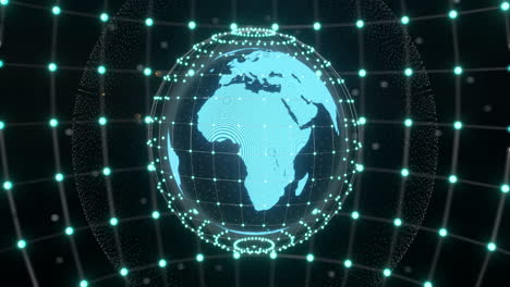 animation of glowing blue mesh of connections spinning over globe on black background