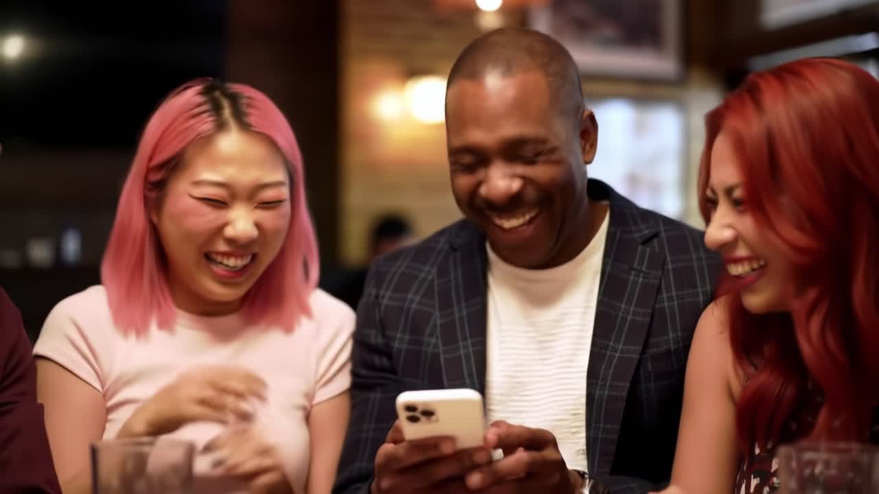 A Joyful Gathering: Friends Sharing Laughter and Moments Over a Smartphone at a Cozy Restaurant, Capturing the Essence of Friendship and Connection