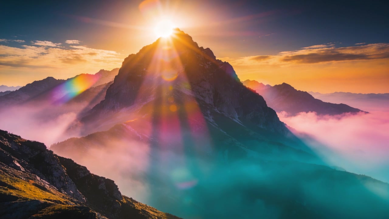 Il sole che fa capolino sopra una cima frastagliata, bagliori dell'obiettivo e raggi che si diffondono attraverso una nebbia verde acqua, riempiendo la valle.