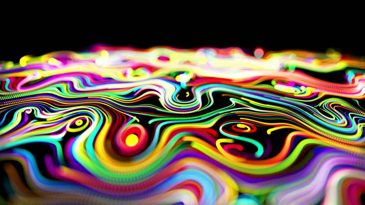 el flujo de partículas forma líneas rizadas como rastros de brillo de diferentes colores, las líneas forman un patrón giratorio como ruido de rizado. abstracto 3d bucle de flujo de animación como fondo festivo creativo brillante