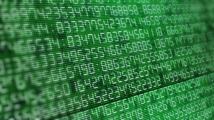 Moving and changing numbers on electronic digital display with pixels. Green screen animation with dark background. Computer digital code.
