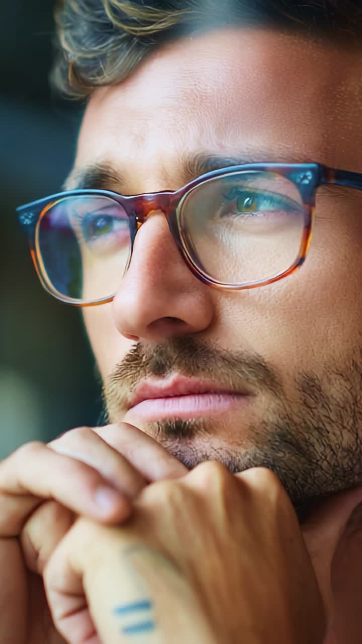 Contemplative Man with Glasses: Capturing a Moment of Reflection and Introspection in Deep Thought and Focus on Life's Possibilities and Personal Growth