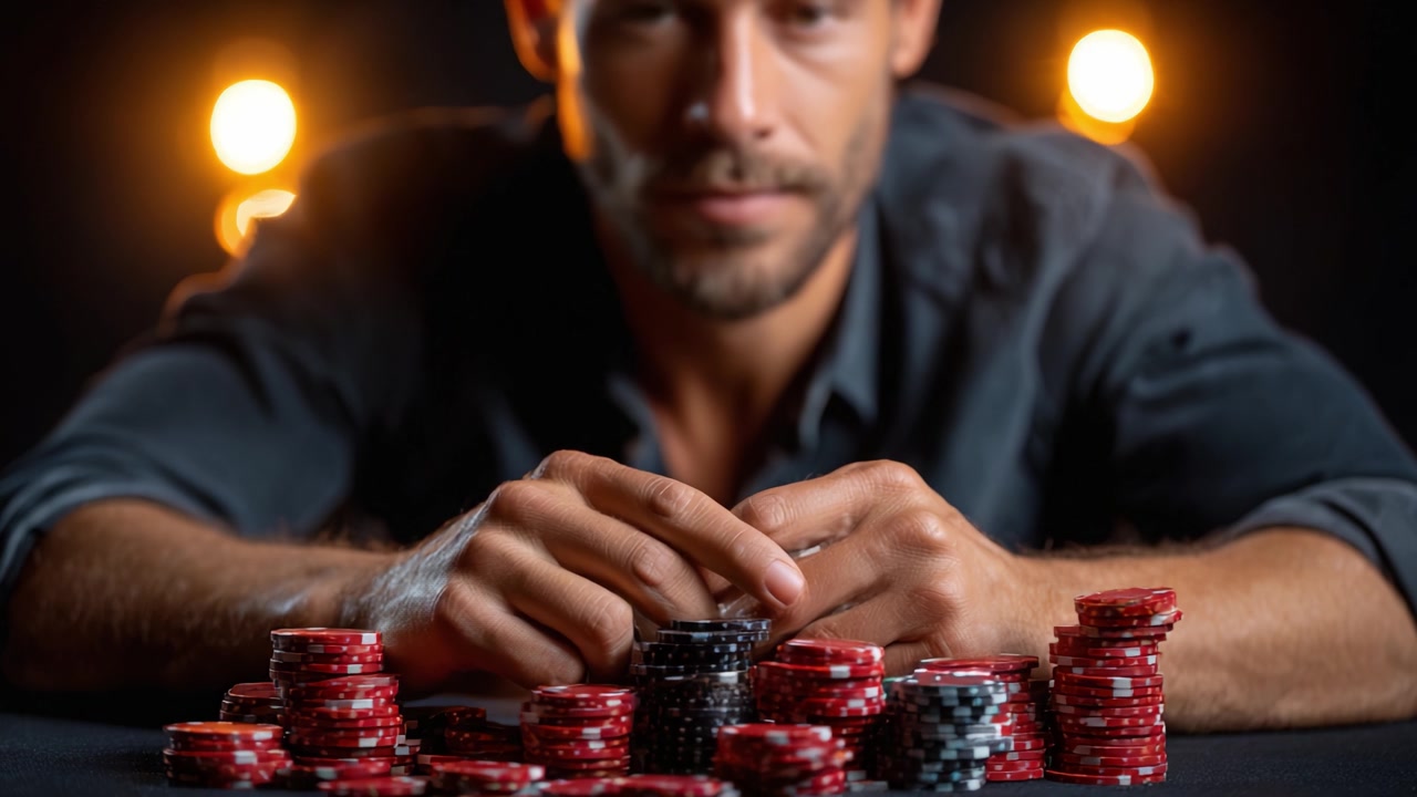 Giocatore concentrato elabora strategie sulle fiches da poker in un'illuminazione suggestiva, preparandosi per una partita ad alto rischio di abilità e fortuna al tavolo del casinò.