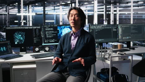 data center admin waving hand, filming presentation tour, showcasing ai
