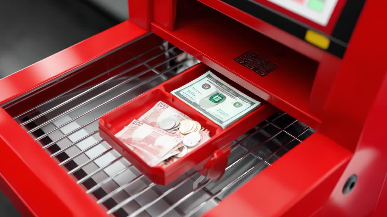 Detailed Close-Up of an Automated Machine Dispensing Cash at a Banking Facility, Highlighting the Red Color Scheme and Modern Technology Used in Today's Financial Transactions