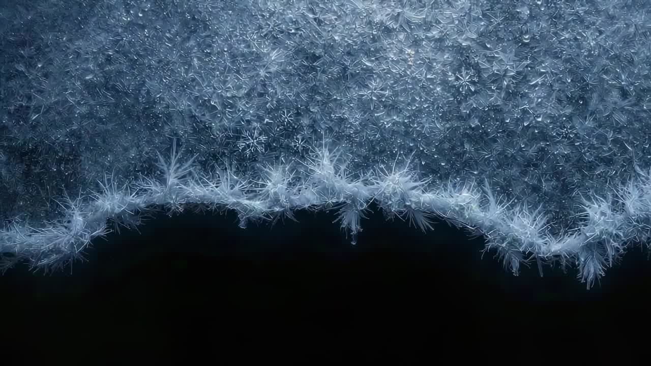 Growing dendritic frost layer spreading along cold window edge, triggered by freezing temperatures