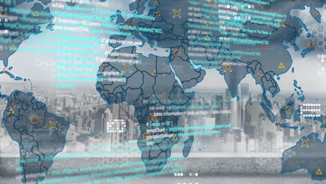 Animation-of-processing-data-over-world-map-and-cityscape