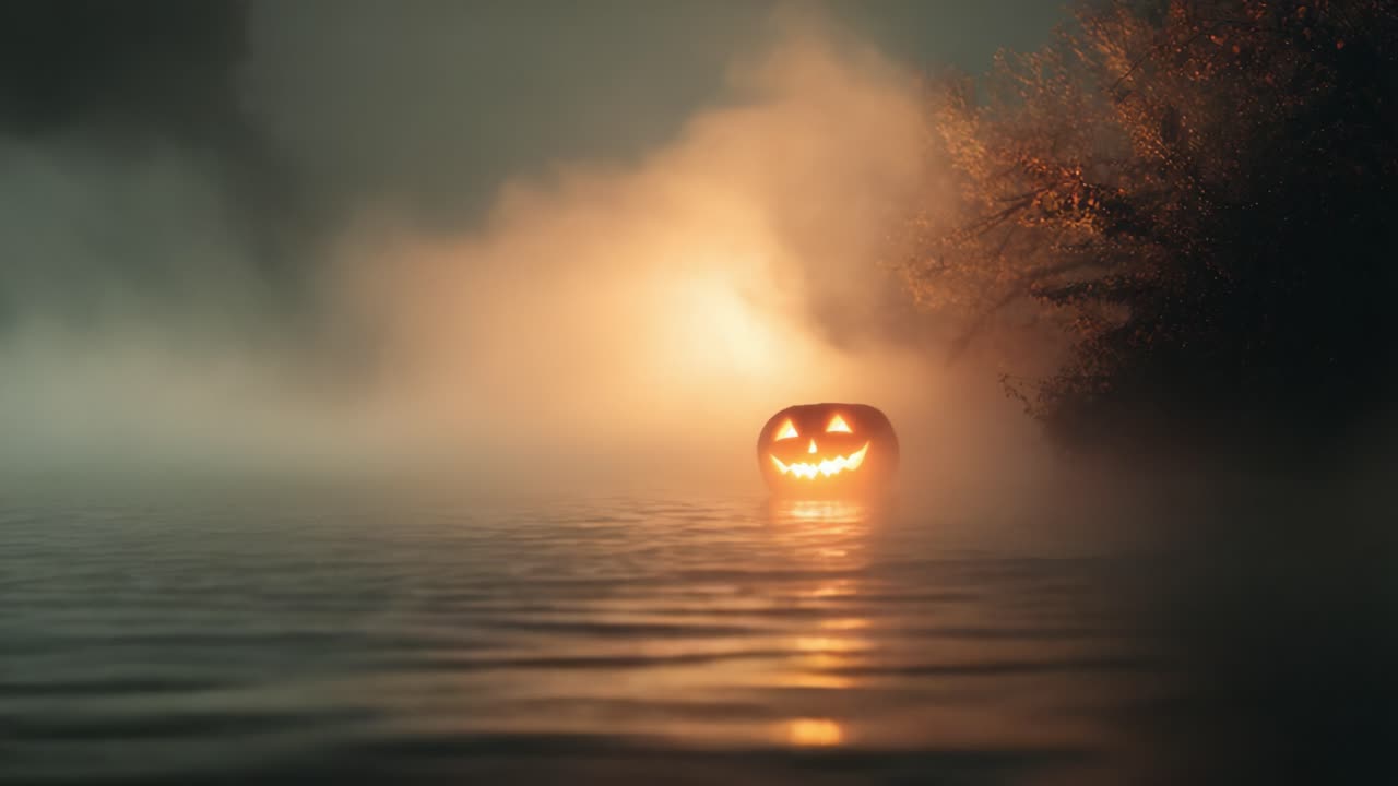 Una scena spettrale di Halloween con una zucca sorridente circondata dalla nebbia e riflessi sull'acqua calma, che crea un'atmosfera inquietante perfetta per la stagione