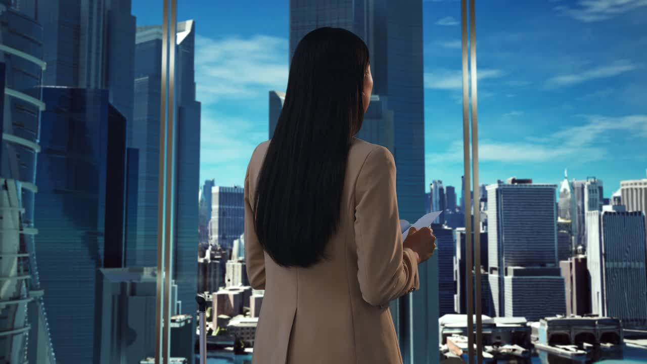 도시 스카이 라인 과 비행기 를 바라보는 사업가