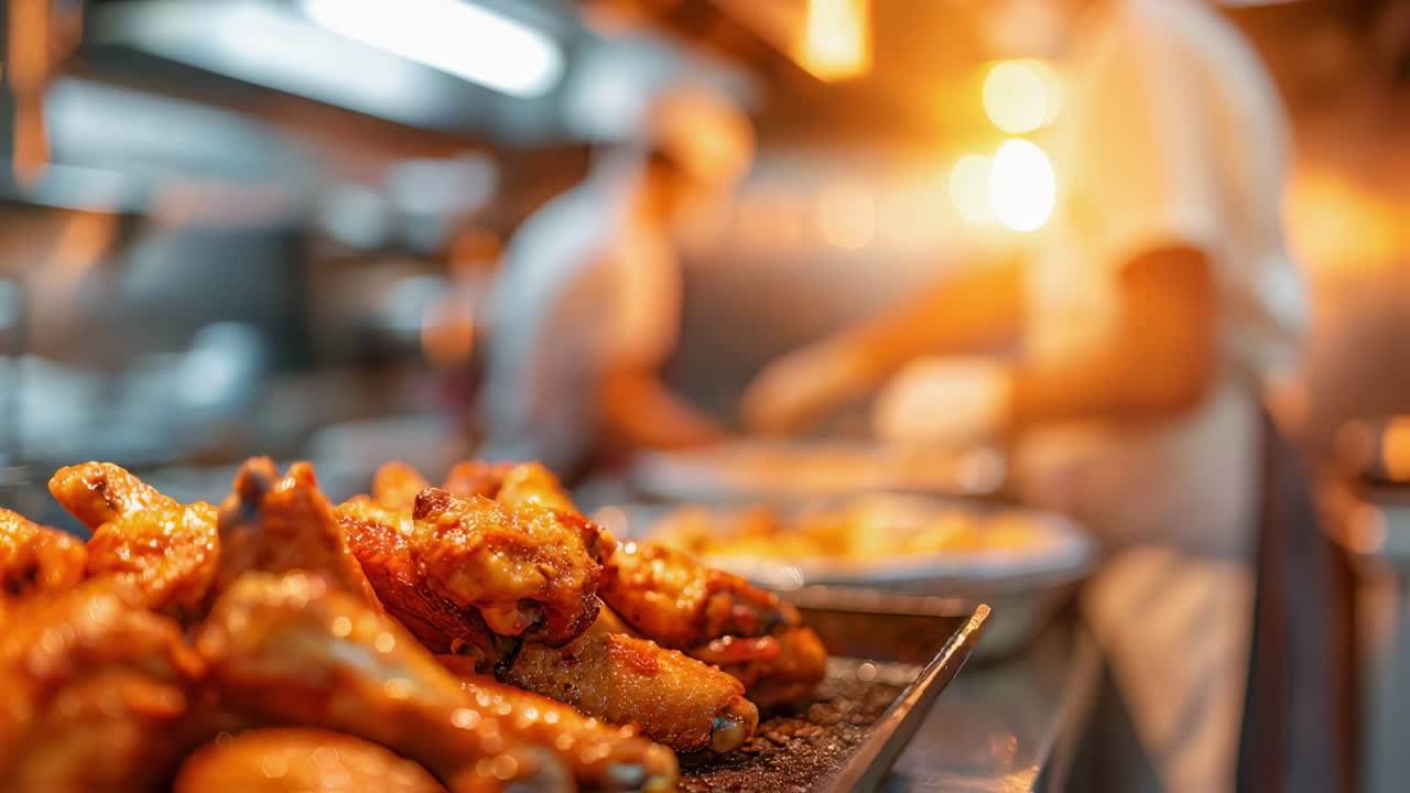 Grilled chicken legs sizzling on tray inside bustling restaurant kitchen, professional chefs preparing food in blurred background with warm color tones