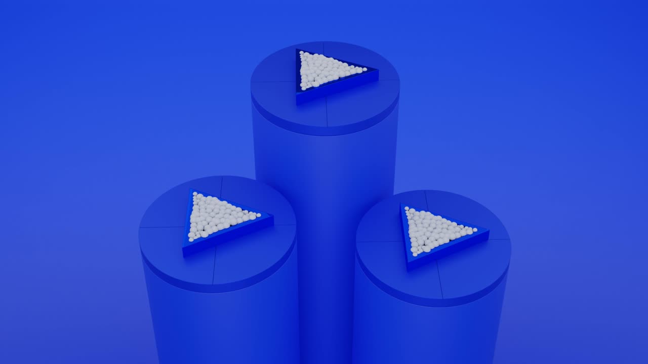 Abstract blue and white 3 cylinder and triangle pedestal podium 4K Video