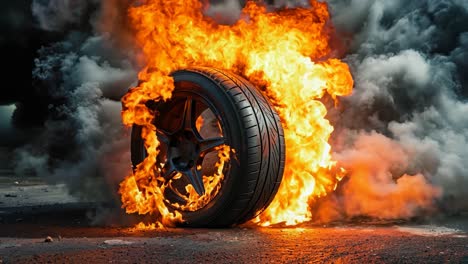 a car tire on fire on the side of the road