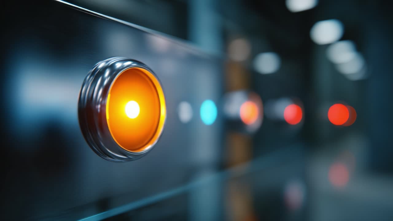 Primo piano di pulsanti di controllo illuminati su una console ad alta tecnologia, che mostra effetti di luce dinamici in un ambiente futuristico.