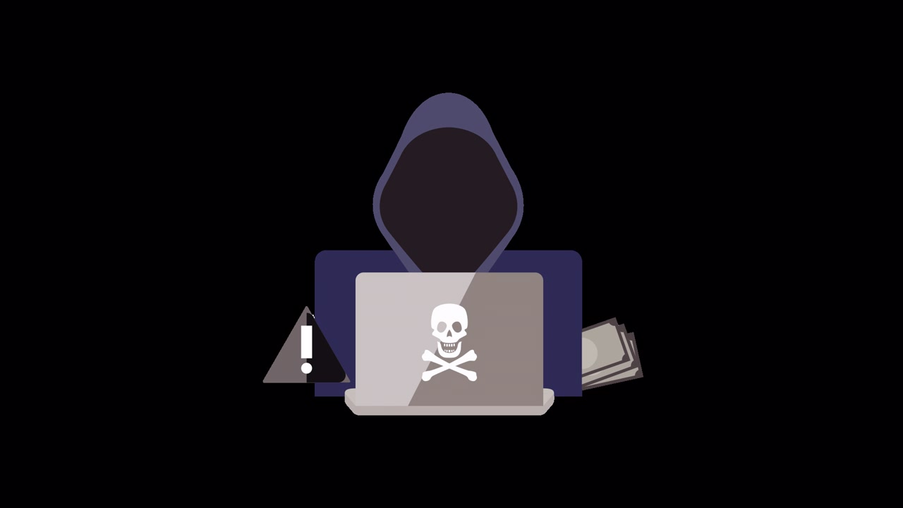 Animated Hacker with Laptop, Warning Sign, and Stacks of Money