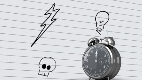 clock ticking against multiple drawings on white lined paper