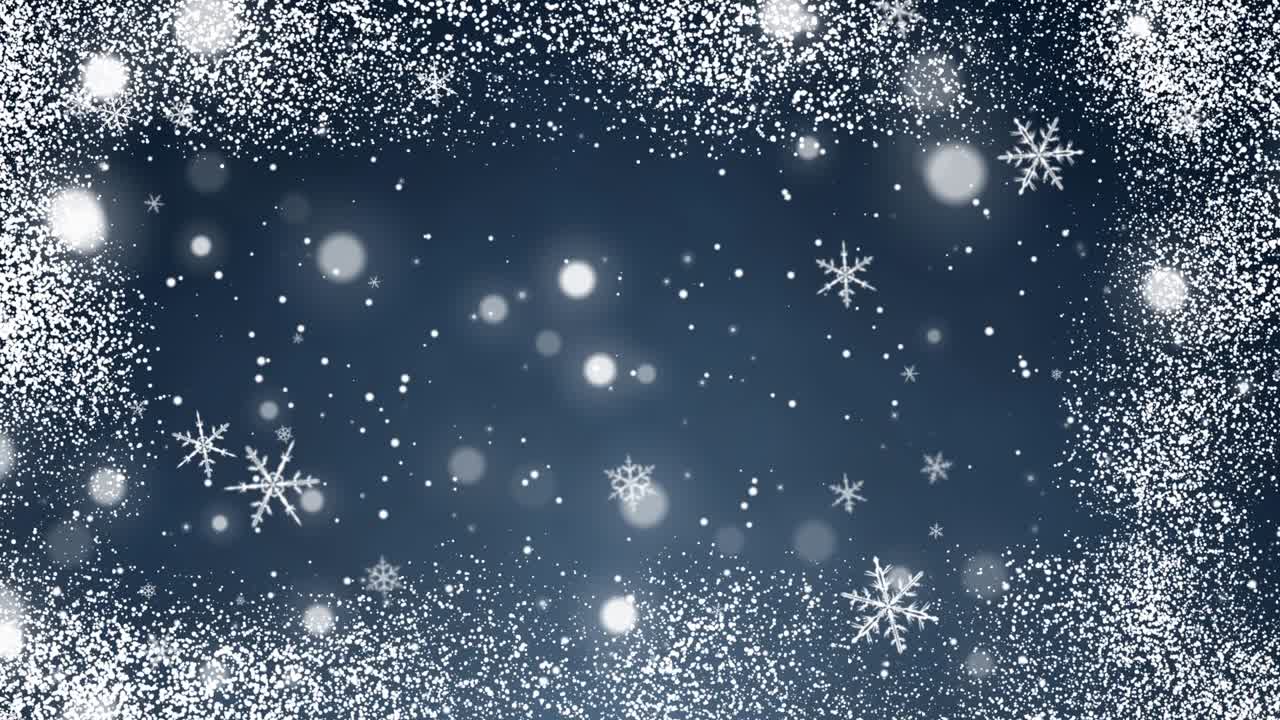 confeti blanco, copos de nieve y luces bokeh en el fondo azul de navidad