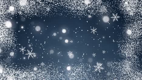white confetti, snowflakes and bokeh lights on the blue christmas background