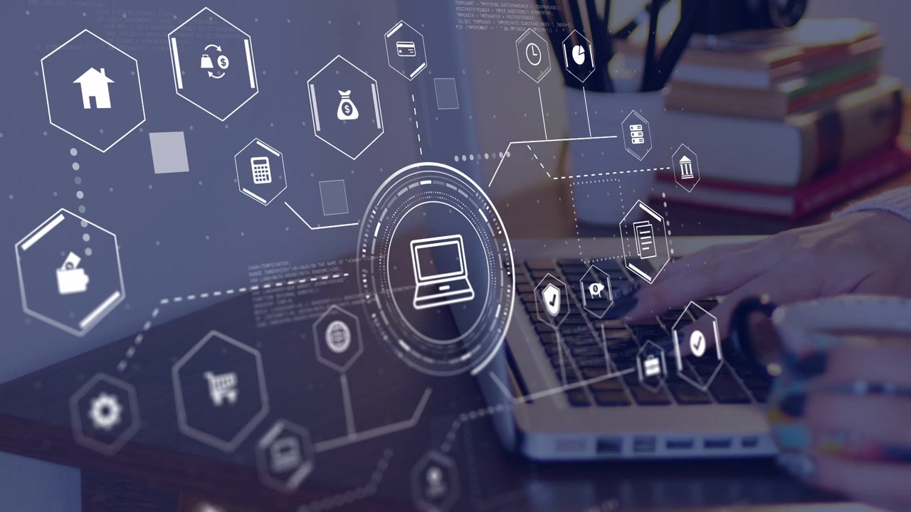Man typing on laptop in home office, activating HUD hexagonal icons expanding for finance shopping