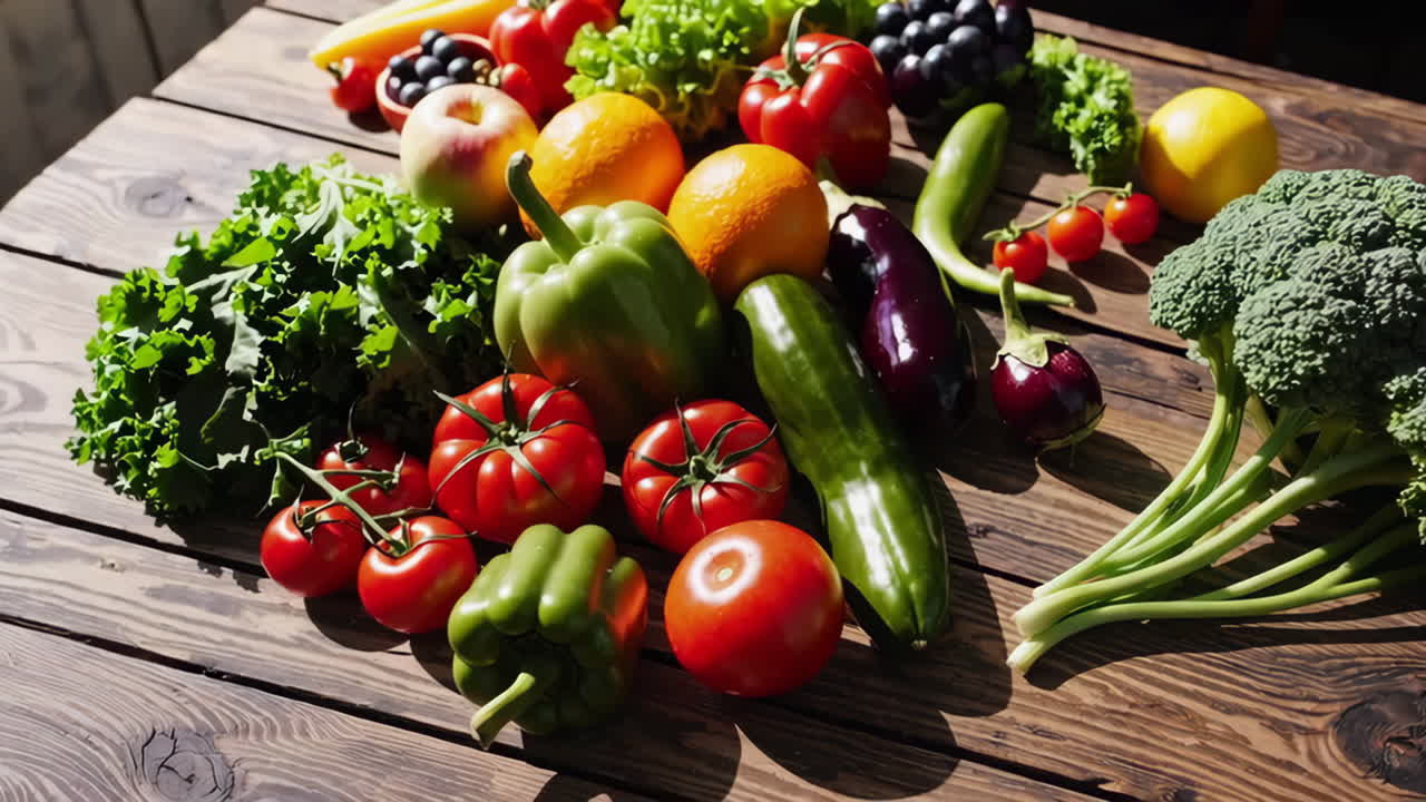 Assortment of fresh fruits and vegetables on a wooden table