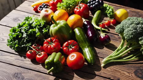 assortment of fresh fruits and vegetables on a wooden table