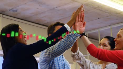 Animation-of-graph-over-happy-multiracial-coworkers-giving-high-fives-at-office