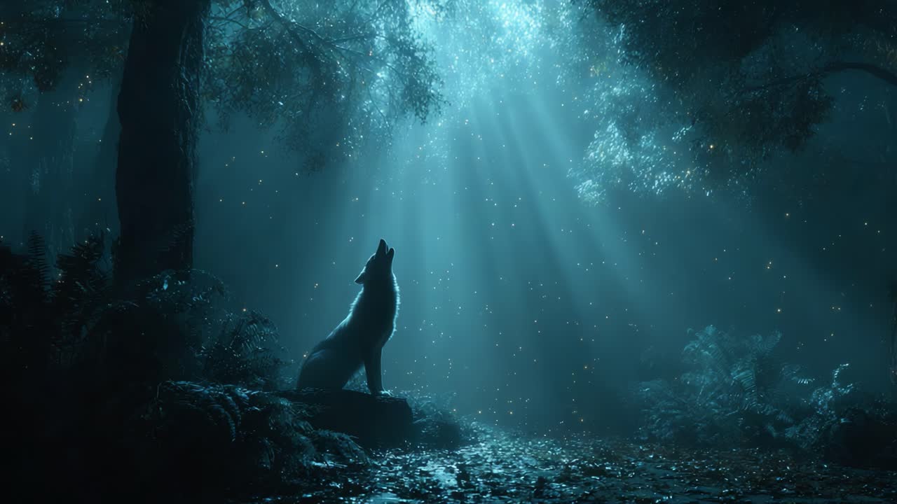 A Mysterious Wolf Howling in the Moonlight Under the Glowing Canopy of Trees, Surrounded by Celestial Light Filtering Through the Dense Forest