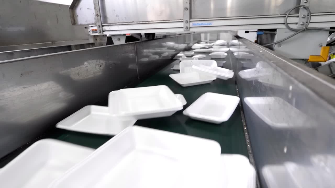 Used foam boxes are slowly moved along a belt.