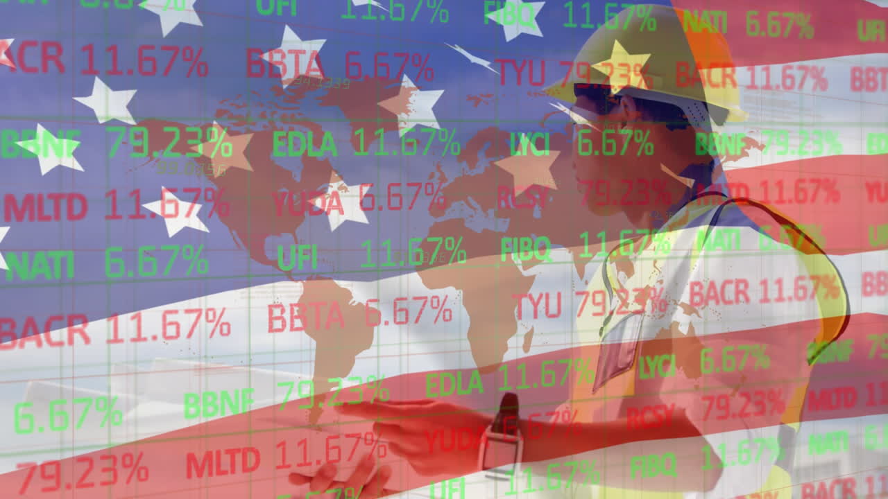 ecuaciones matemáticas en la bandera estadounidense sobre el trabajador del sitio.