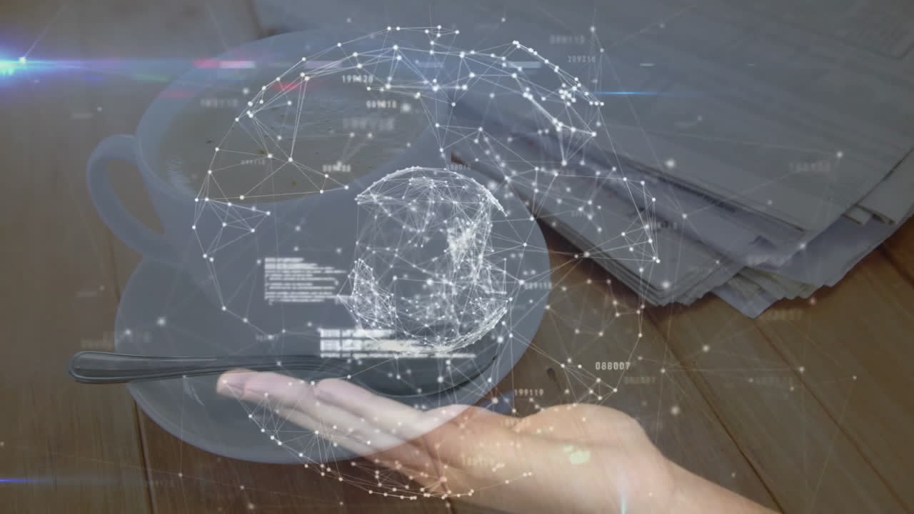 White coffee cup sitting on table, spoon resting beside papers under holographic network sphere