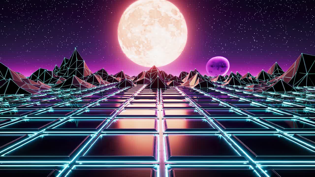 Retro Futuristic Landscape with Neon Lights and Planets
