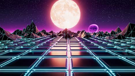 retro futuristic landscape with neon lights and planets