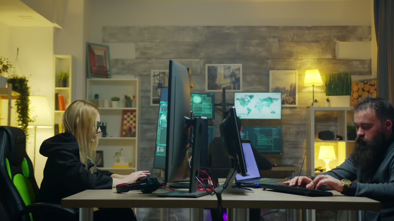 Hacker girl with her team stealing online information