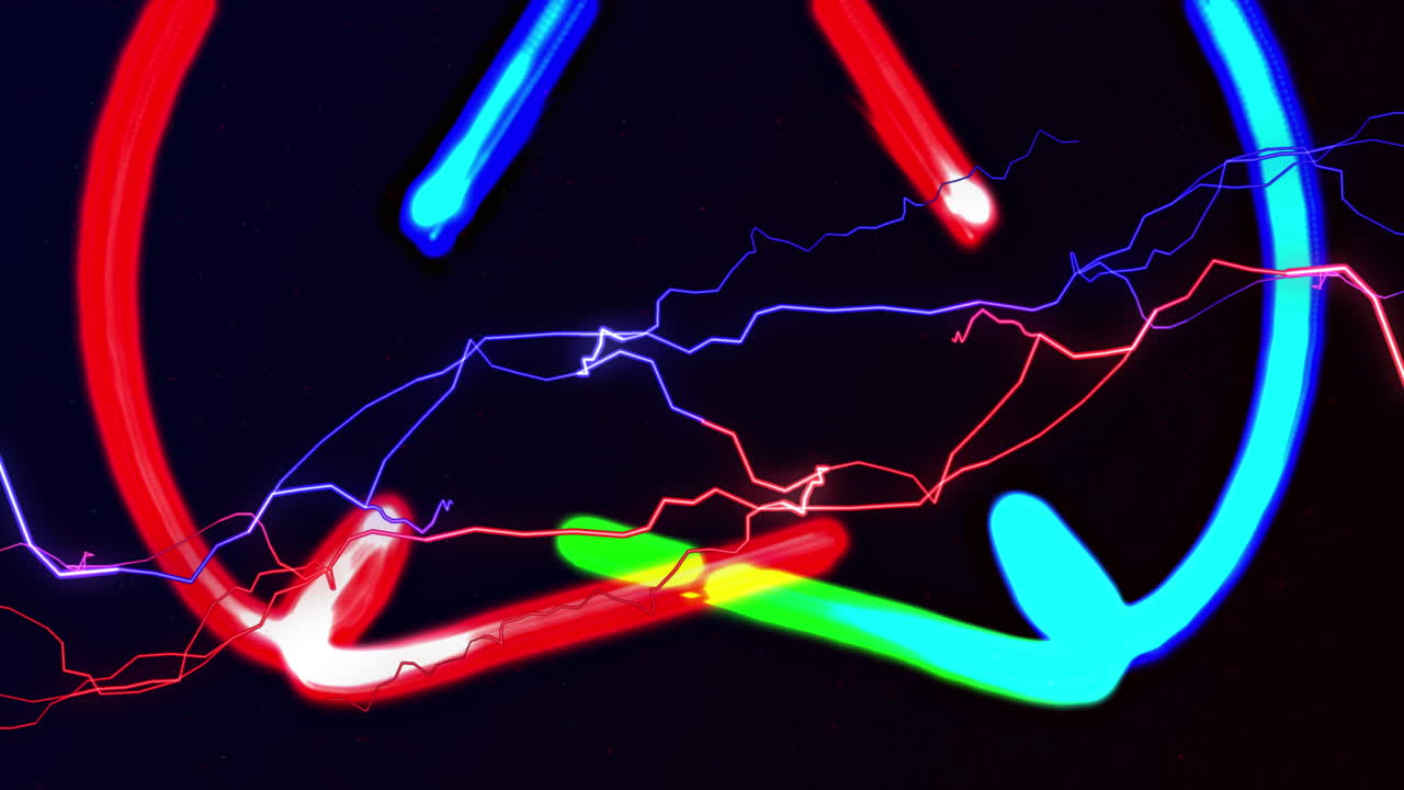 animación de corrientes eléctricas rojas y azules sobre rastros de luz de neón coloridos en negro