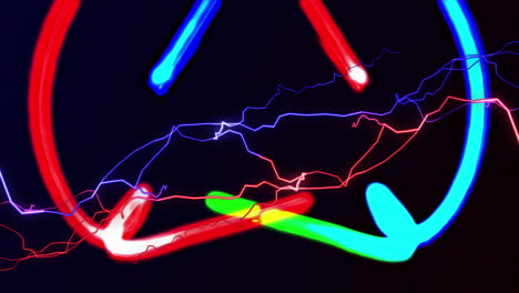 animación de corrientes eléctricas rojas y azules sobre rastros de luz de neón coloridos en negro
