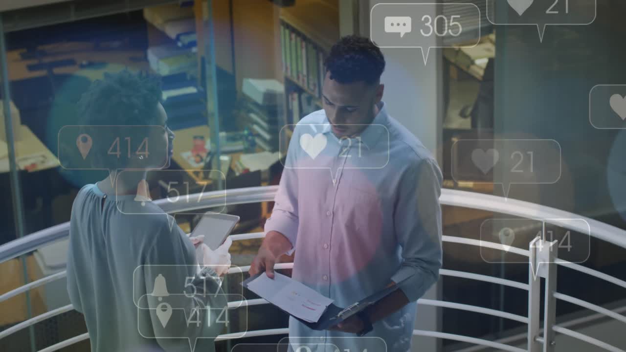 Animation of financial data processing over diverse business people in office