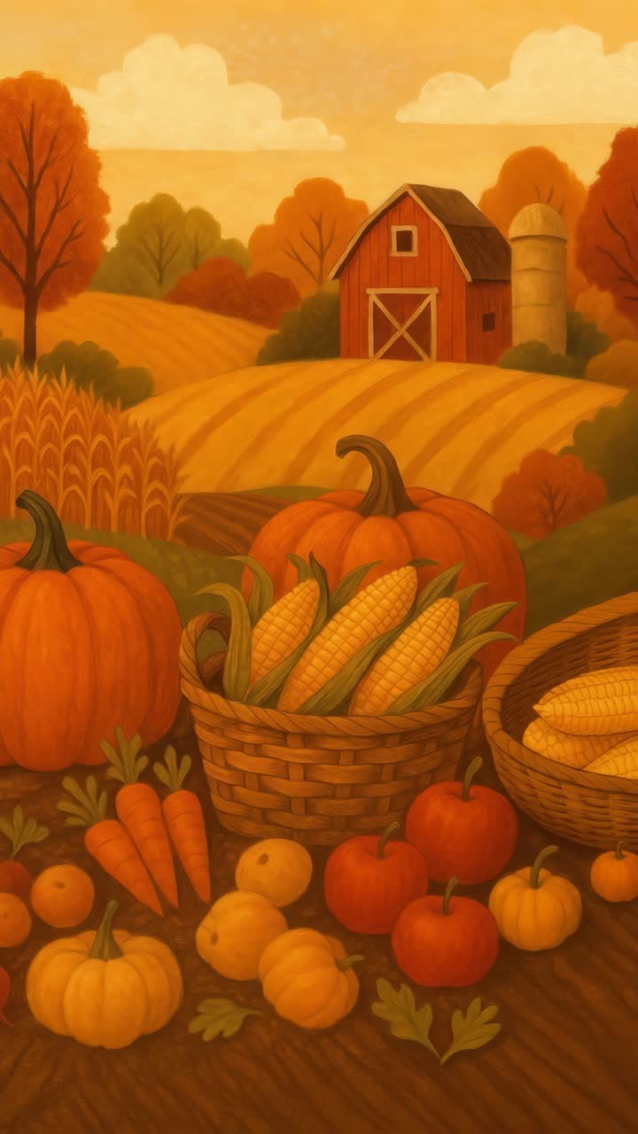 A warm, nostalgic video still of a rural autumn scene with pumpkins and corn