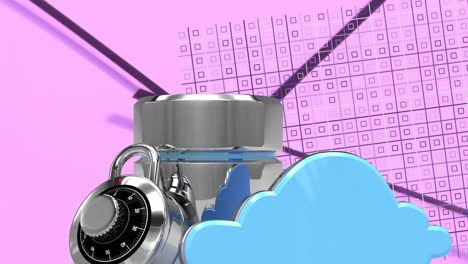 Animation-of-digital-cloud,-server,-chart-on-pink-background