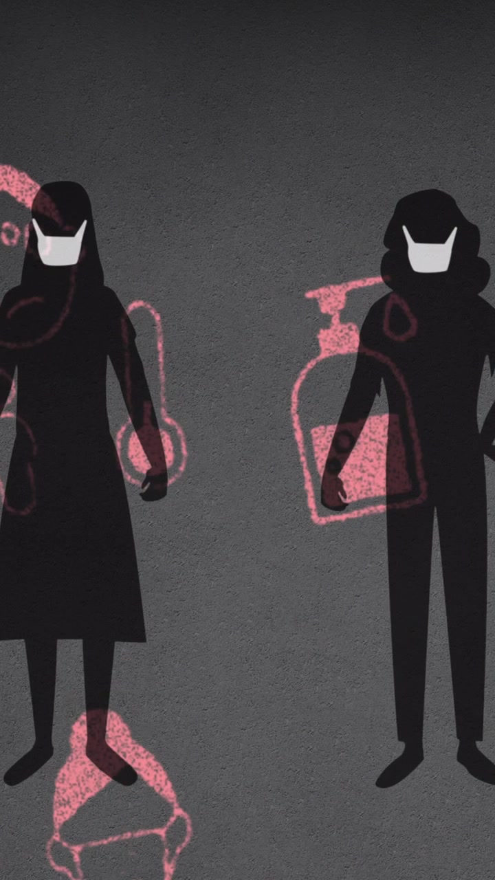 Silhuett av två kvinnor med ansiktsmask mot Coronavirus-konceptikoner.