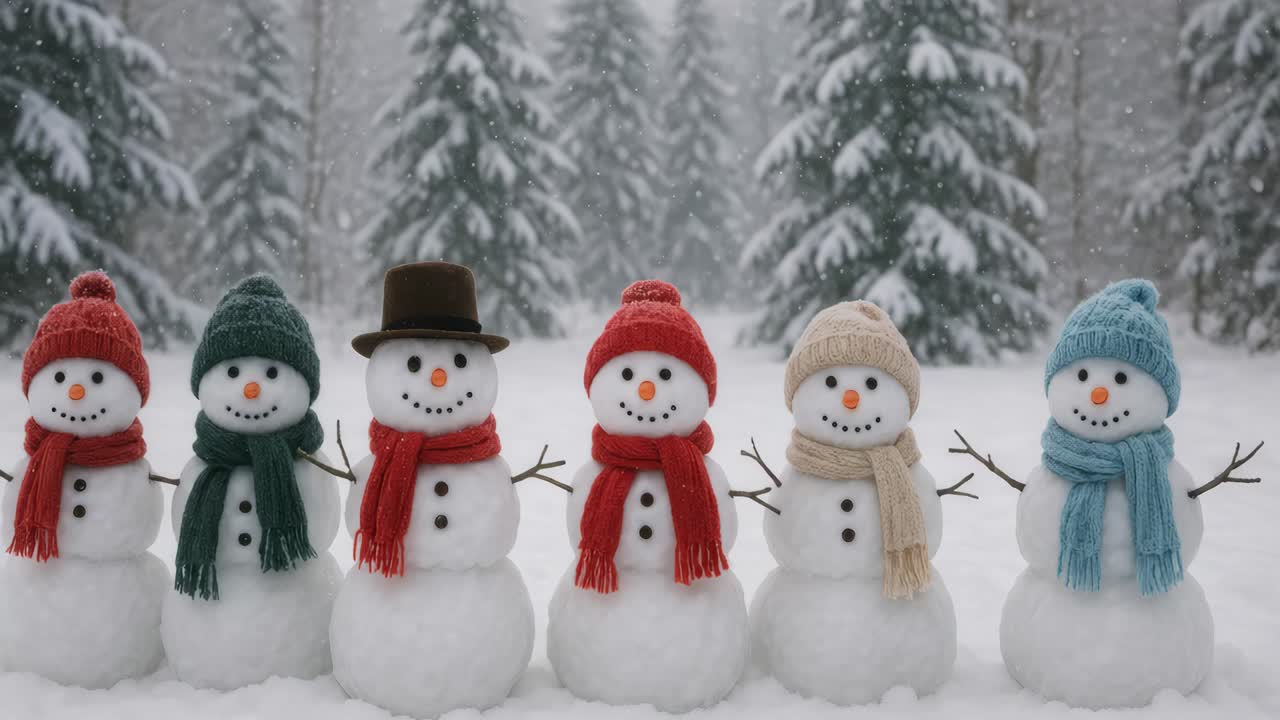 A whimsical winter scene of six snowmen in colorful hats and scarves, captured from a straight-on