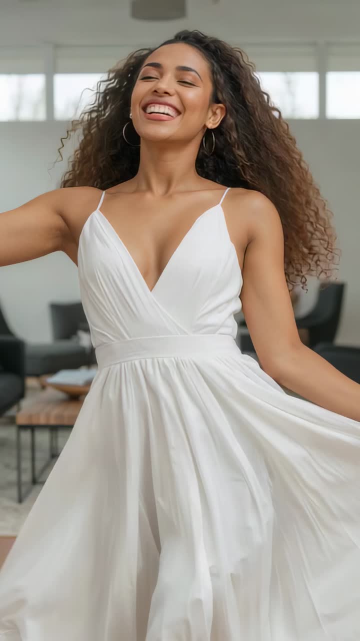 Video verticale: donna ripresa dalla fotocamera mentre indossa un abito bianco e fa roteare la gonna, mostrando la fluidità dell'abito in casa