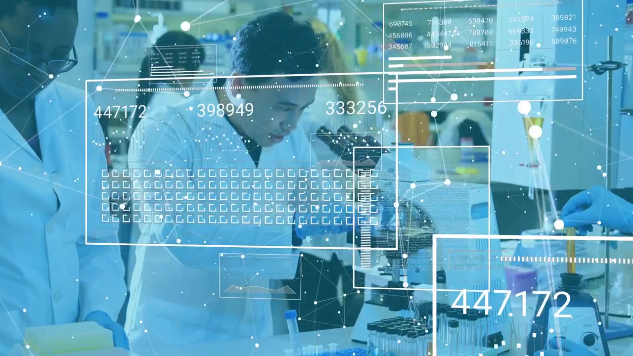 Lead researcher pipetting sample at research lab, focusing microscope and generating data panels
