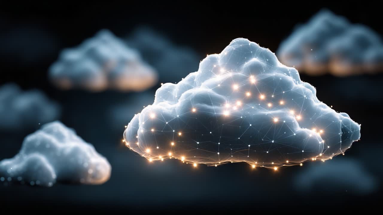 Futuristic Cloud Visualization with Digital Connectivity and Illuminated Network Structures in a Dark Atmosphere