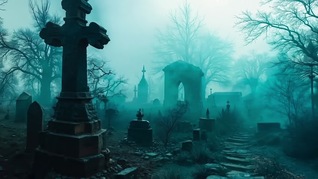 앞면 에 십자가 가 있는 안개 가 가득 한 밤 의 한가운데 에 있는 묘지