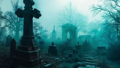 a graveyard in the middle of a foggy night with a cross in the foreground