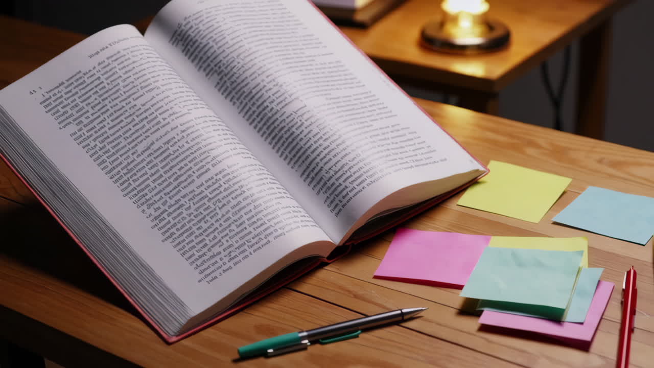 Open Book with Sticky Notes and Pens on a Desk