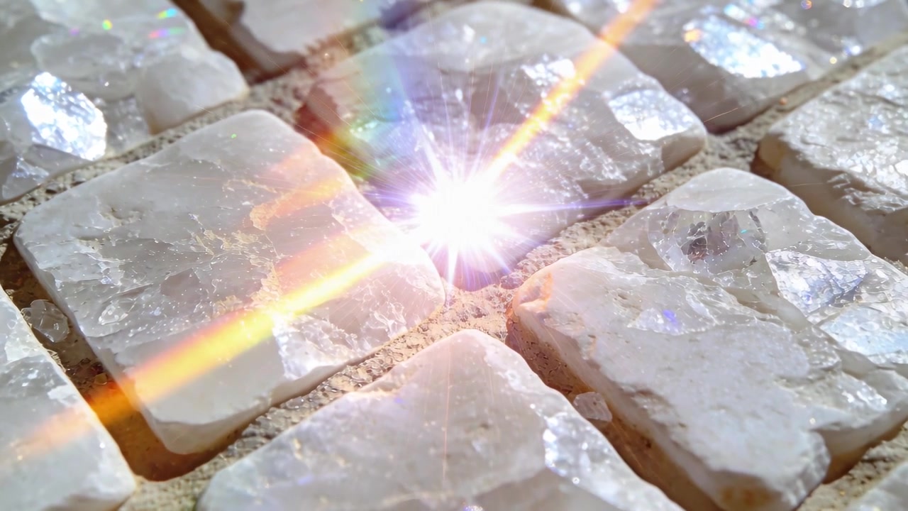 Ein sich verschiebendes prismatisches Band überquert im Nahaufnahme Kristallfliesen, wobei ein aufblühender Sternenflare Glitzern erzeugt.