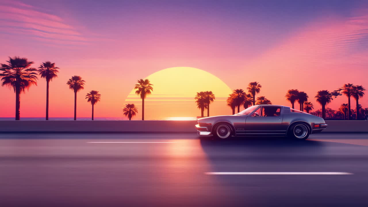 Retro Car Driving on a Coastal Highway at Sunset with Palm Trees