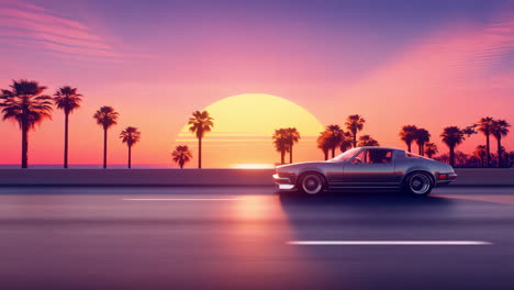 retro car driving on a coastal highway at sunset with palm trees