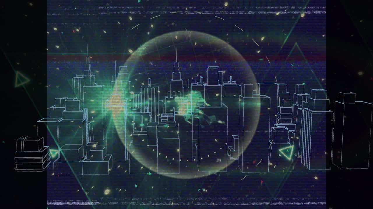 3d 도시 풍경 도면 위의 연결 네트워크의 애니메이션