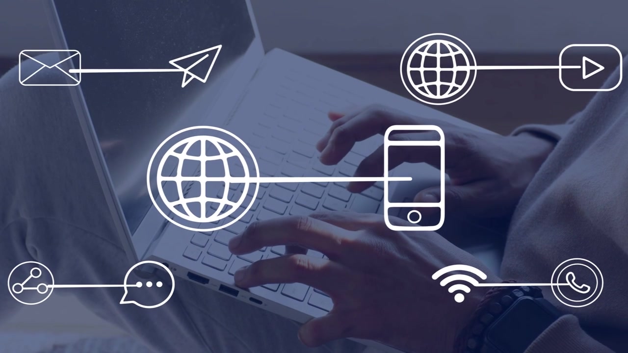Man typing on laptop, moving hands, overlaying email WiFi icons linking digital communication